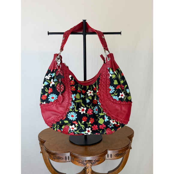 Isabella Fiore Shoulder Bag Red Leather / Black w/ Floral Fabric #0288 GORGEOUS